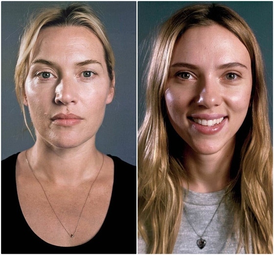 Scarlett Johansson e Kate Winslet com e sem maquiagem Scarlett Johansson e Kate Winslet com e sem maquiagem